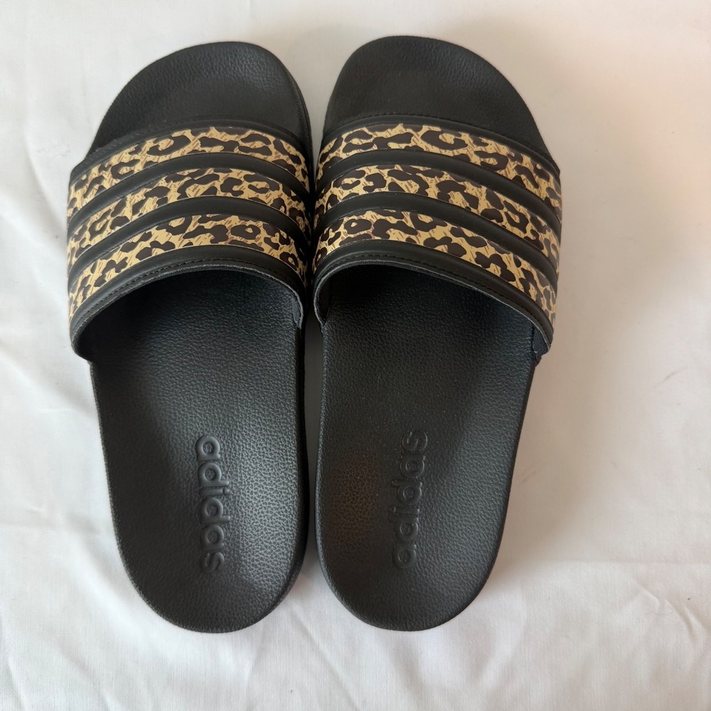 Adidas Adilette Shower Cloudfoam Leopard Print Slides Black FZ2856 Womens 5